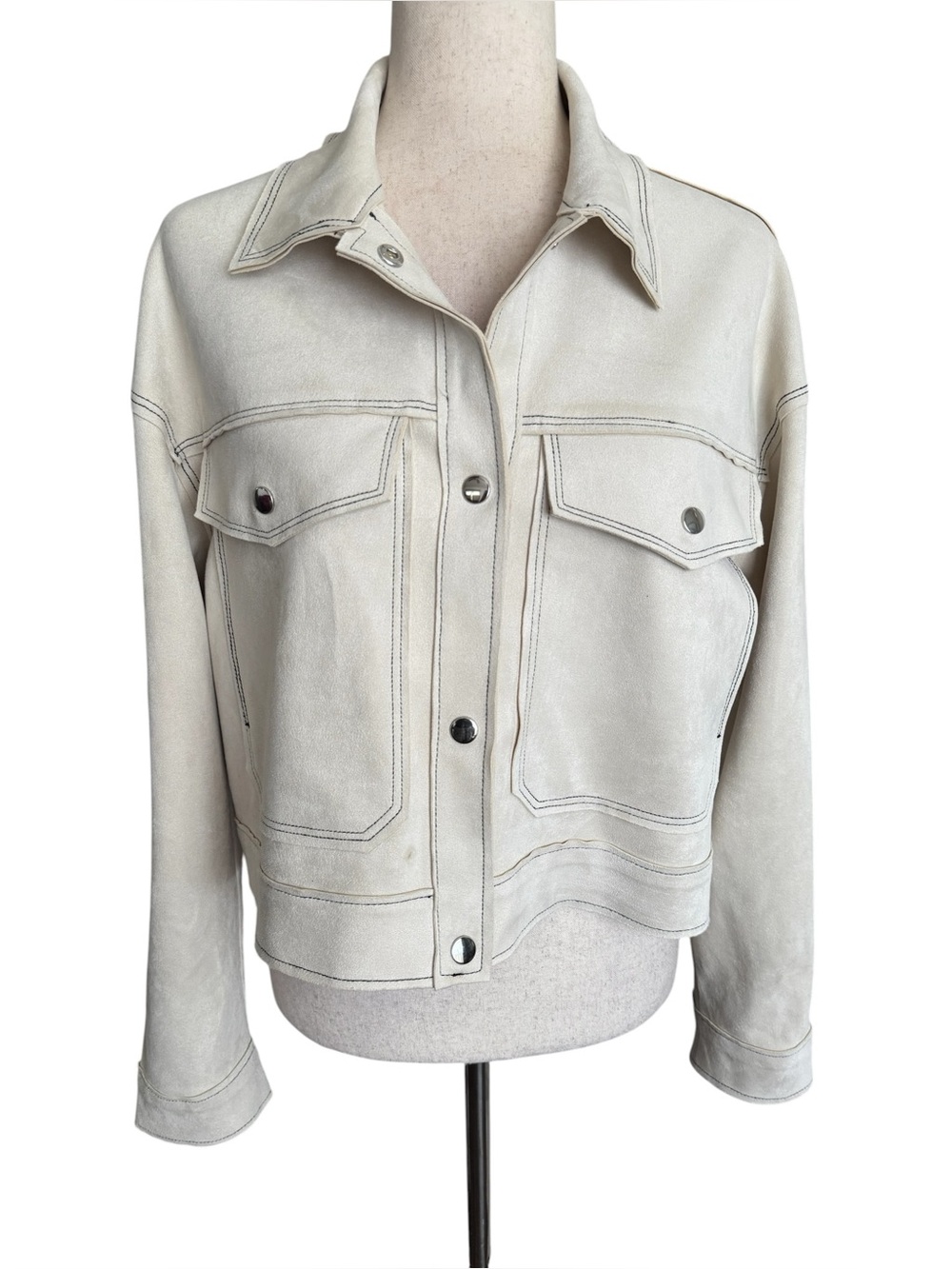Stoosh Cream Faux Suede Jacket with Contrast Stitching